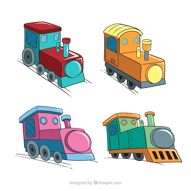 Free Vector set of four colored toy locomotives