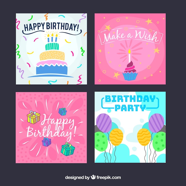 Set of four colourful birthday cards in flat design