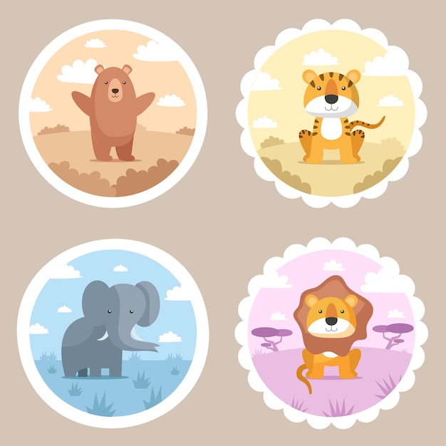 Free Vector set of four cute animal in circle shape with sticker or bannerstyle brown bear tiger  elephant and lion in forest with cartoon charactor flat design vector illustration