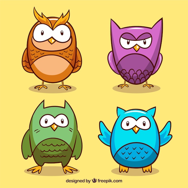 Free Vector set of four drawings of owls