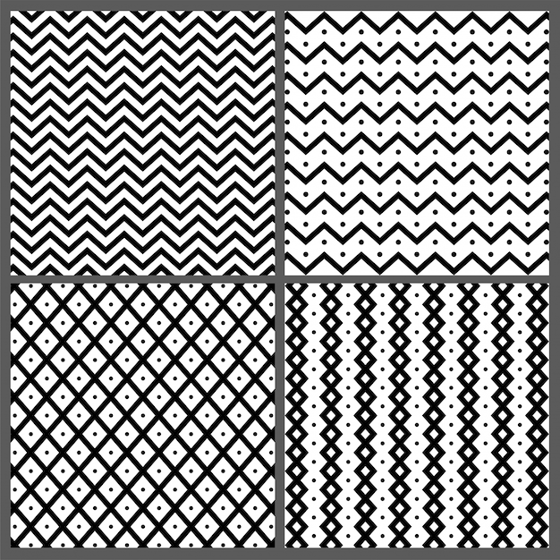  Set of four hand drawn abstract seamless patterns with zigzag, wavy stripes and lines textures. 