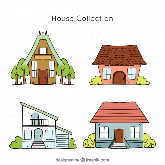 Set of four hand drawn houses