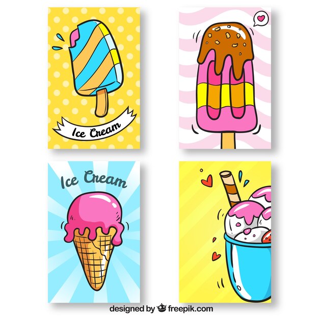 Set of four hand-drawn ice cream cards