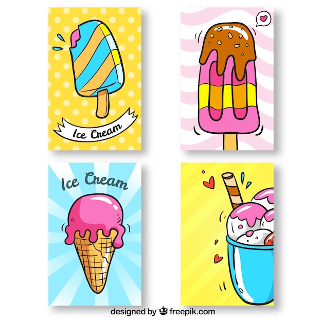 Set of four hand-drawn ice cream cards