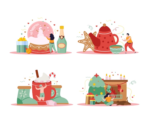 Free Vector set of four isolated happy winter compositions with gifts and champagne with people