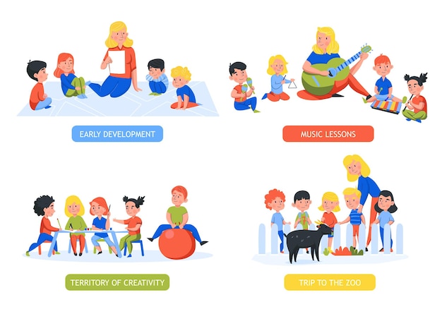 Set of four isolated kindergarten compositions with editable text and human characters of kids with teachers 