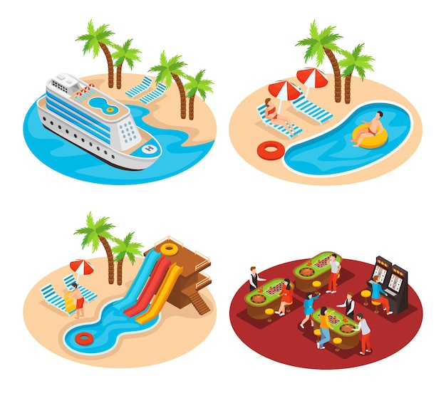 Set of four isometric illustrations with cruise ship, casino and swimming pools.