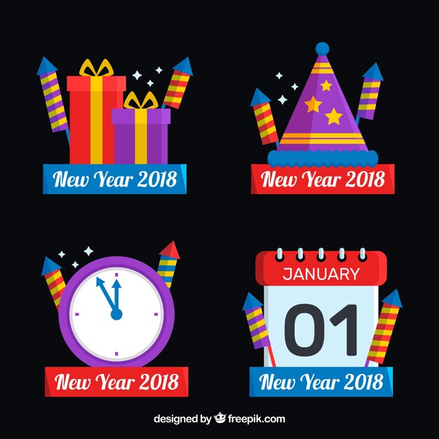 Set of four new year 2018 badge collection in different shapes