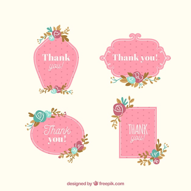 Set of four pink labels with flat flowers