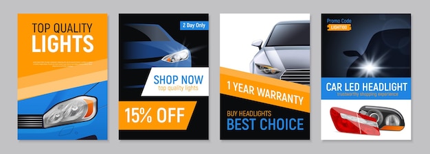 Free Vector set of four realistic auto headlights advertising banners with and images of car parts