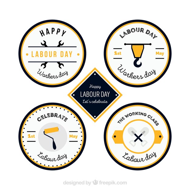 Set of four round labels with yellow details for worker's day