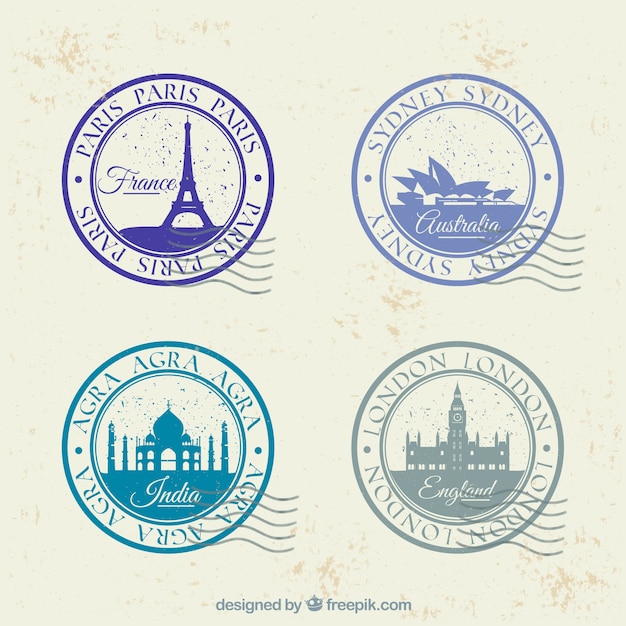 Free Vector set of four round stamps with different cities