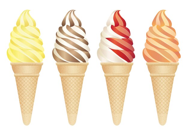 Set of four soft-serve ice creams isolated on a white background,  illustration.