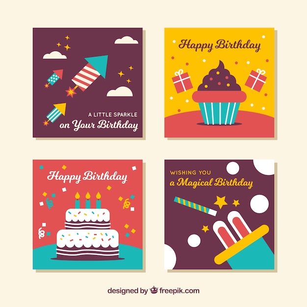 Set of four square birthday cards in flat design