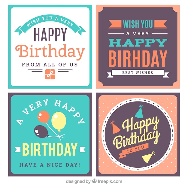 Set of four square birthday cards in vintage style