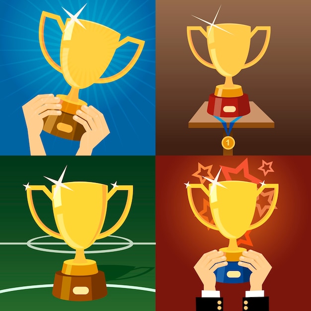 Set of four vector gold trophies or cups