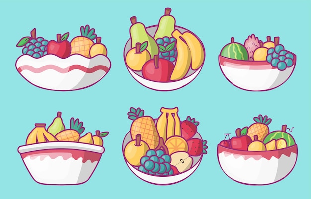 Free Vector set of fruits and berries in bowl with banana grapes pineapple and and others drawing flat vector illustration