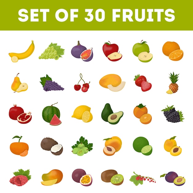 Set of fruits on white background Bananas and apples cherry and melon