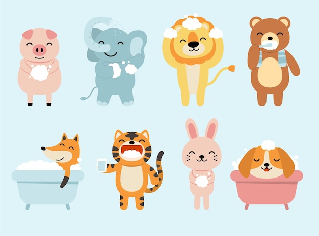 Set of funny animals in the bathroom, bathing, shower. Rabbit, fox, dog, lion, elephant, pig, bear in cartoon style.