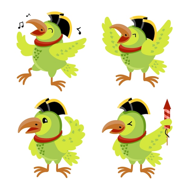 Free vector set of funny cartoon pirate parrot character singing song laughing blowing firecracker