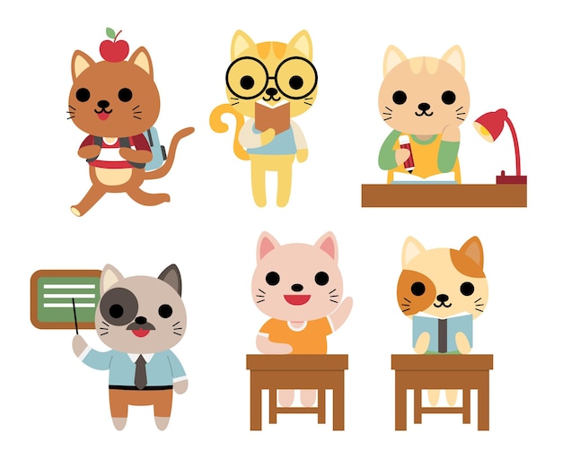 Free Vector set of funny cats at school studying, teaching