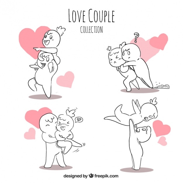 Free vector set of funny couple with pink hearts background