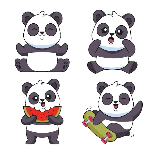 Set of funny handdrawn baby pandas meditating surprising eating watermelon skateboarding