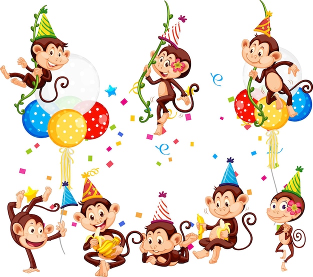 Set of funny monkeys doing different activities