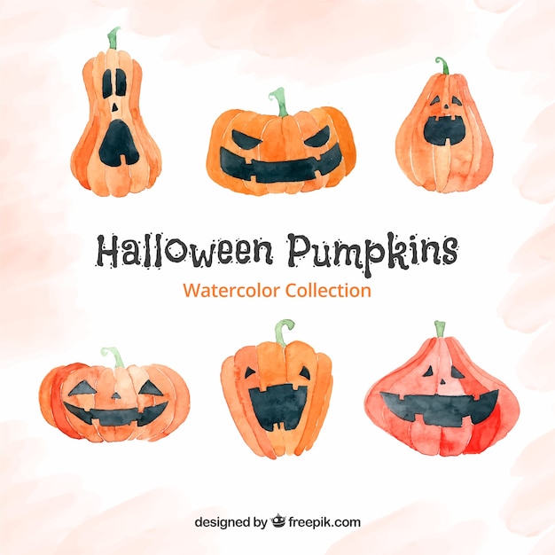 Free Vector set of funny watercolor halloween pumpkins