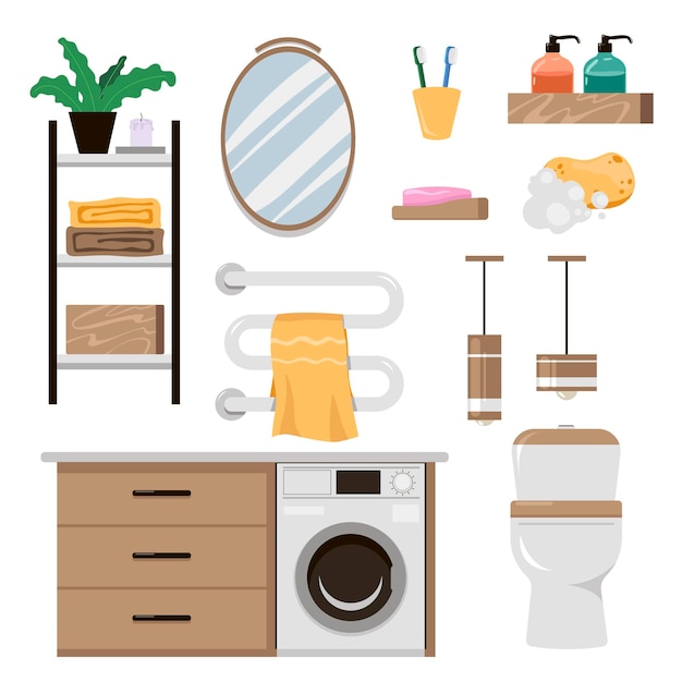 Free Vector set of furniture elements for bathroom and toilet. vector illustrations of hygiene equipment and objects. cartoon mirror lamp bidet washing machine isolated on white. home or hotel interior concept