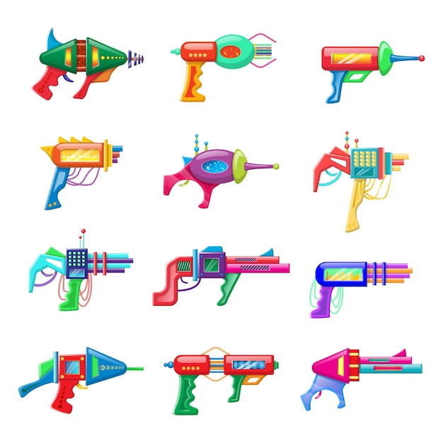 set of futuristic colorful blasters isolated on white