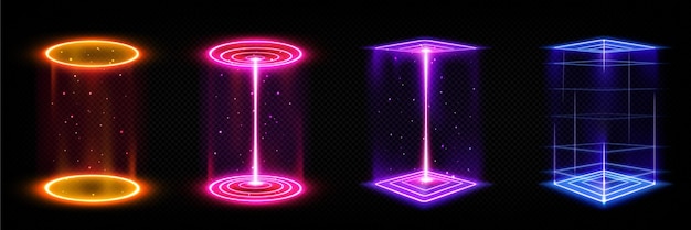 Set of futuristic neon portals on transparent