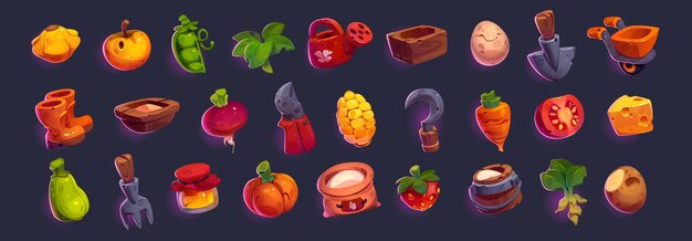 Set of game icons gardening and farm elements