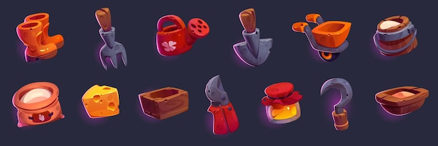 Set of game icons gardening tools farm products