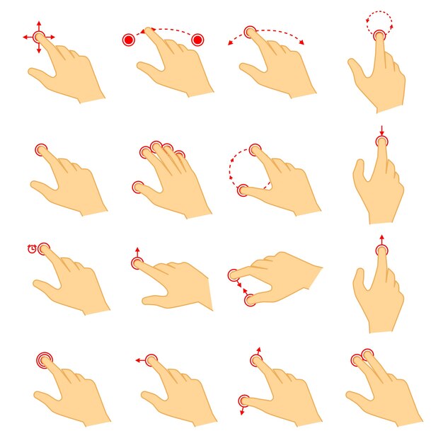 Set of gestures icons for touch devices. Pointer and hand, laptop and move. Vector illustration