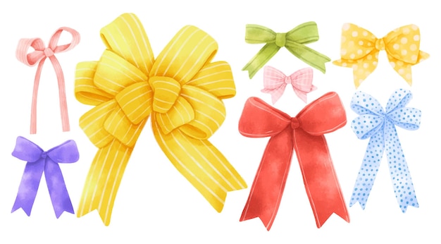 Set of gift ribbon bow illustrations hand painted watercolor styles