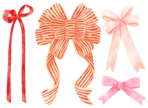 Free Vector set of gift ribbons bow illustrations hand painted watercolor styles