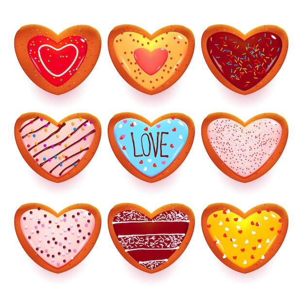 Set of Gingerbread cookies in the shape of heart cartoon sweets for valentines day isolated on white.