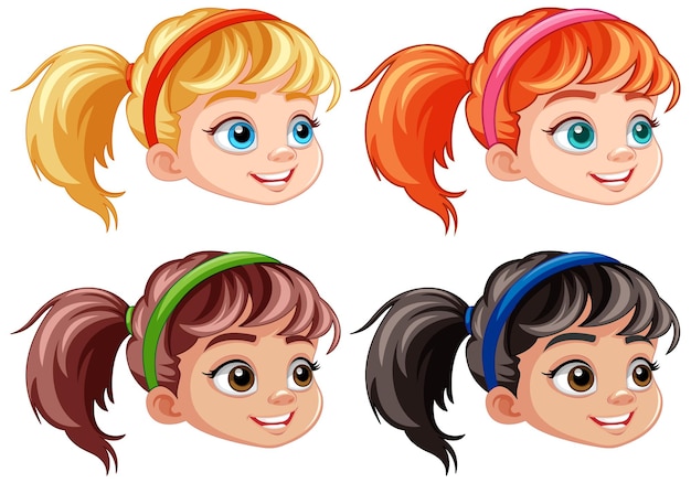 Free Vector set of girl cartoon head different hair colour