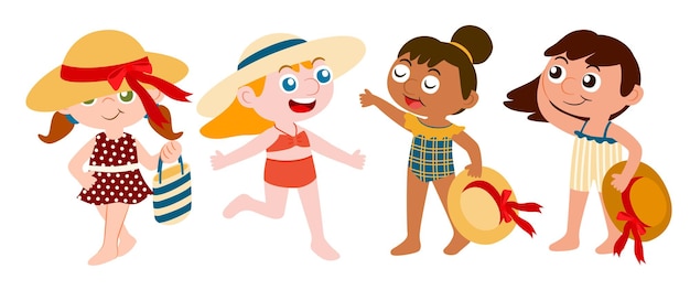 Set of girl wear fashion swim wear walk on beach with sombrero character vector design. Presentation in various action with running, walking, standing. Graphic resource for graphic designer