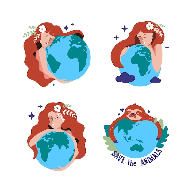 The set of girls and sloth hugging planet stickers logo designs badges