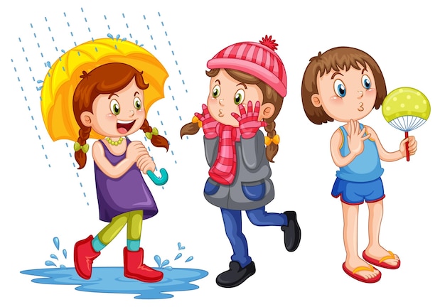 Free vector set of girls wearing clothes different season styles