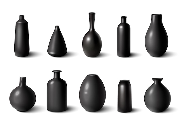 Free Vector set of glossy black ceramic porcelain vases realistic isolated vector illustration