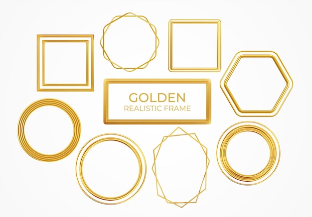 Set of gold metal realistic frames of different shapes isolated on white background