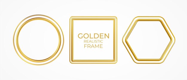 Set of gold metal realistic frames of different shapes isolated