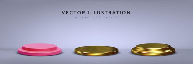 Set of gold and red realistic cylinder pedestal podium with shadow Vector illustration