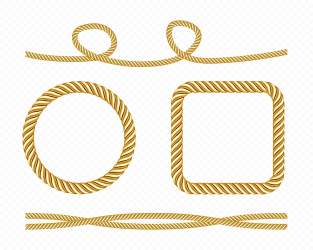 Set of Gold silk cords and round and square frames of satin rope golden threads.