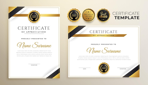 Free vector set of golden certificate of appreciation template for honor or gratitude