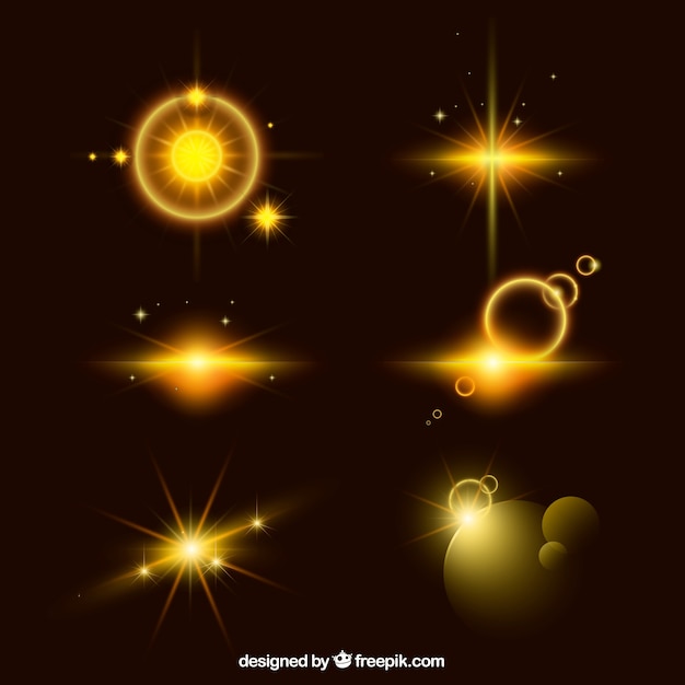 Free vector set of golden lens flare with realistic style