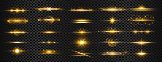 Set of golden transparent light lens flares streaks